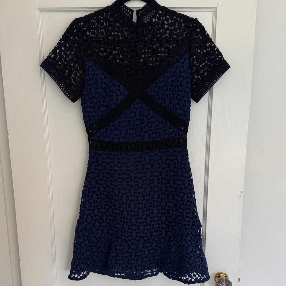 Shilla - Chic Black and Navy Lace Mini Dress - Size XS
